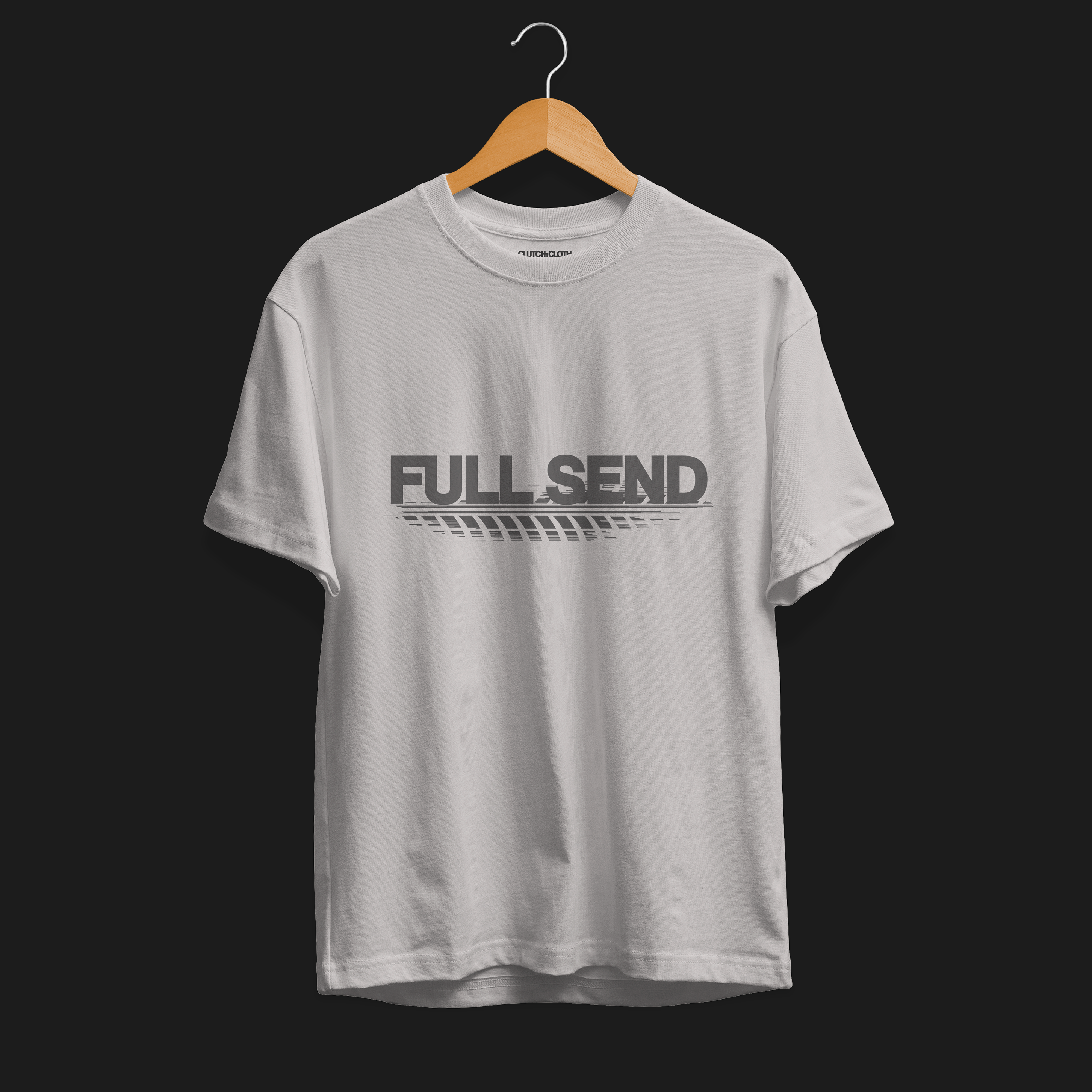 Full Send Automotive Graphic T-Shirt – Ice Grey tee featuring "FULL SEND" text with tire track detailing. Ideal gift for car lovers and motorsport fans.