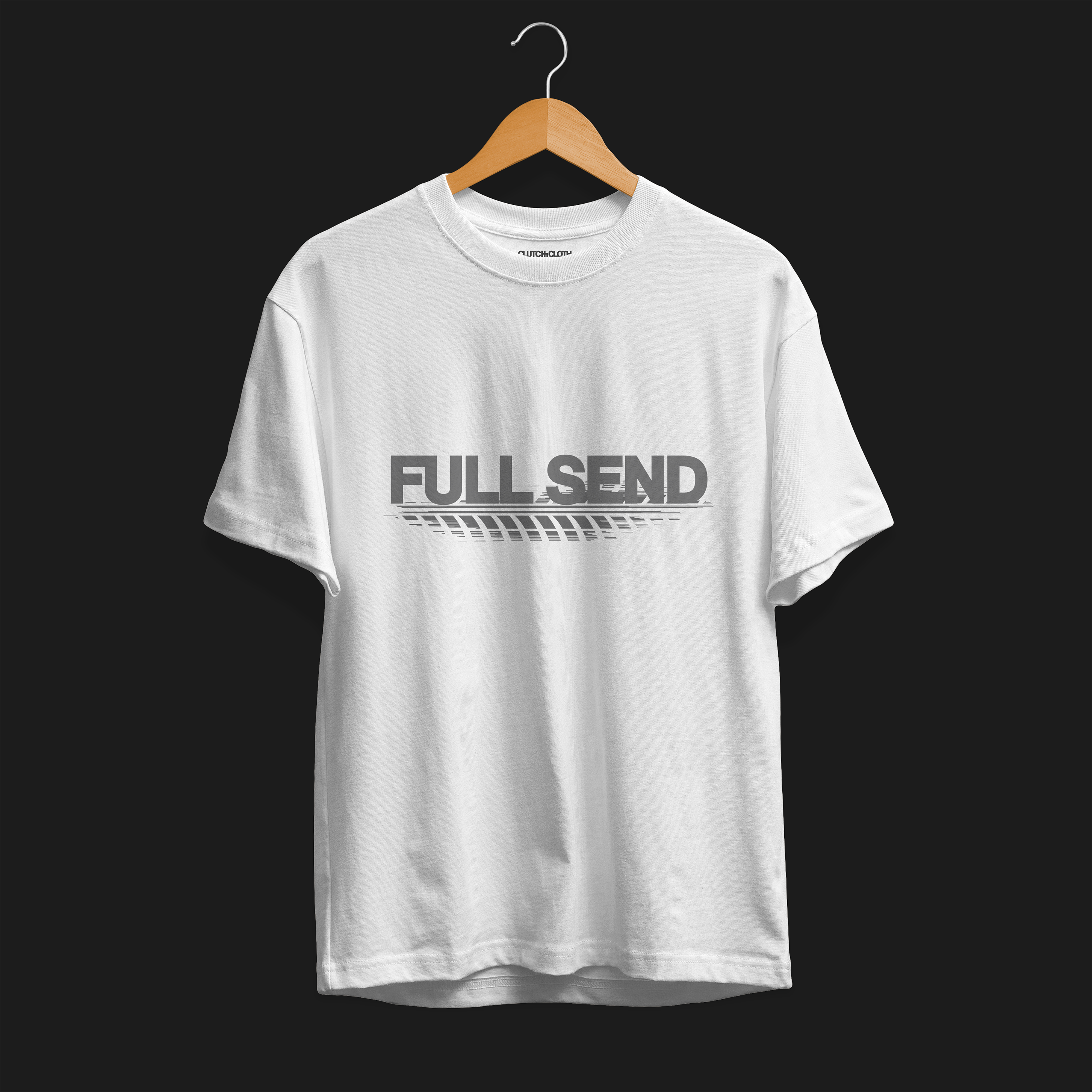 Front angle of Full Send Automotive Graphic T-Shirt – White tee featuring "FULL SEND" text with tire track detailing. Ideal gift for car lovers and motorsport fans.