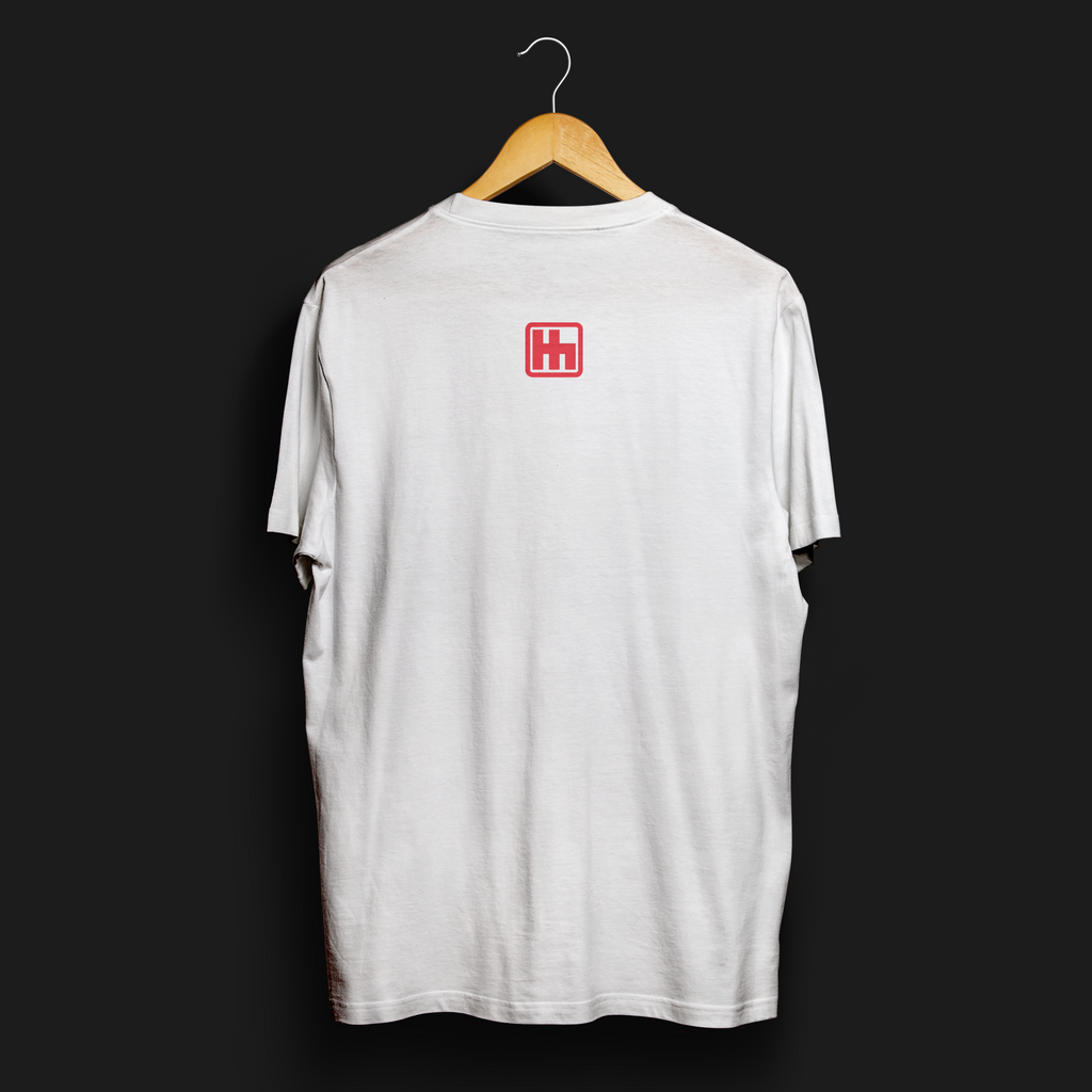 Back angle of Full Send Automotive Graphic T-Shirt – White tee featuring "FULL SEND" text with tire track detailing. Ideal gift for car lovers and motorsport fans.