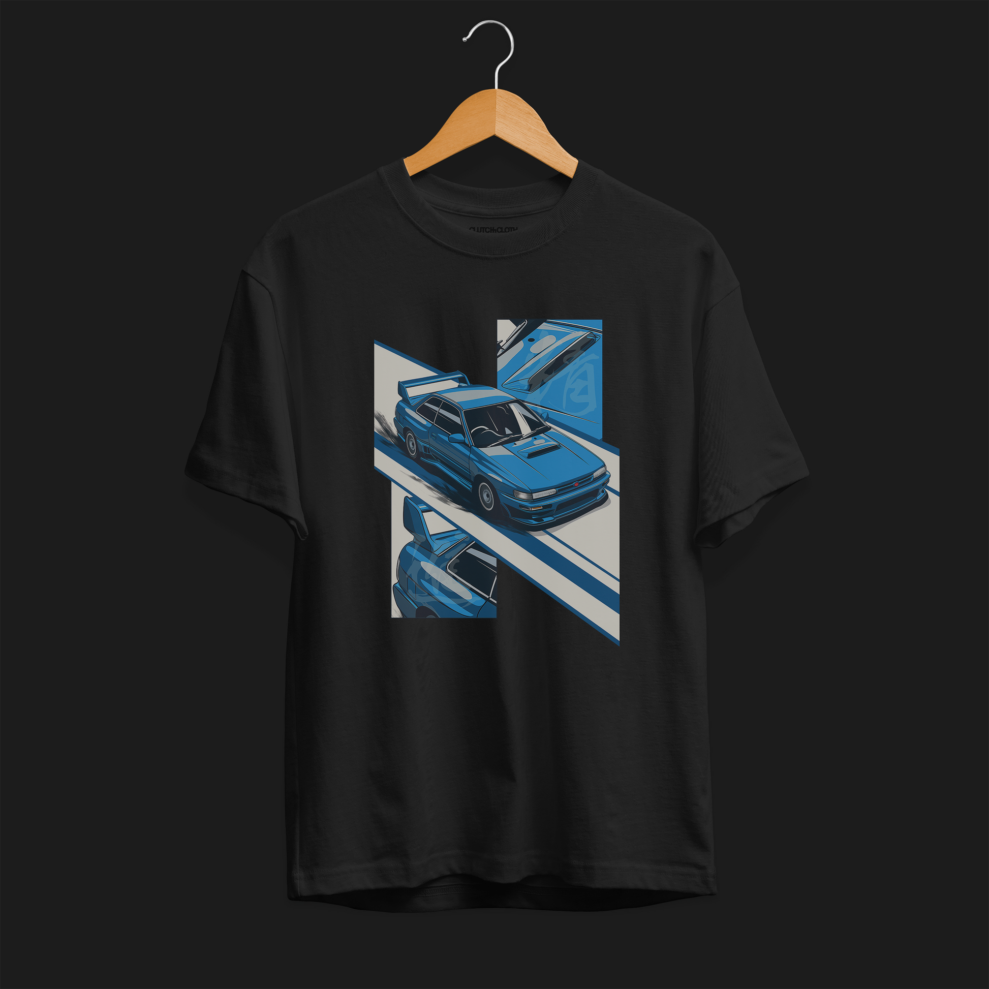 Front of World Rally Pursuit of Excellence 22B Automotive Graphic T-Shirt – Black unisex tee featuring a detailed blue Subaru 22B rally car graphic with racing-inspired elements. Ideal gift for Subaru fans and motorsport enthusiasts.