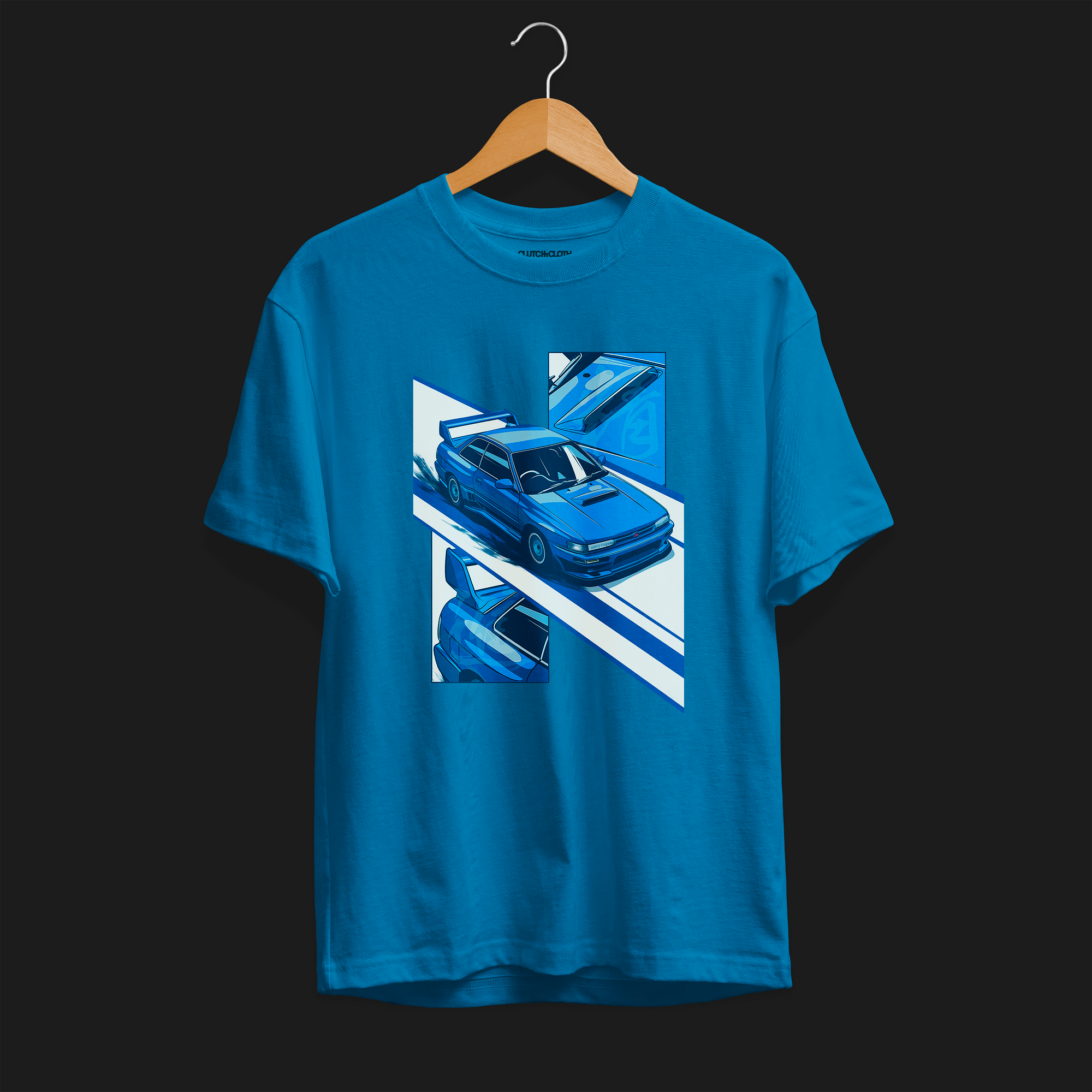 Front of World Rally Pursuit of Excellence 22B Automotive Graphic T-Shirt – Blue unisex tee featuring a detailed blue Subaru 22B rally car graphic with racing-inspired elements. Ideal gift for Subaru fans and motorsport enthusiasts.