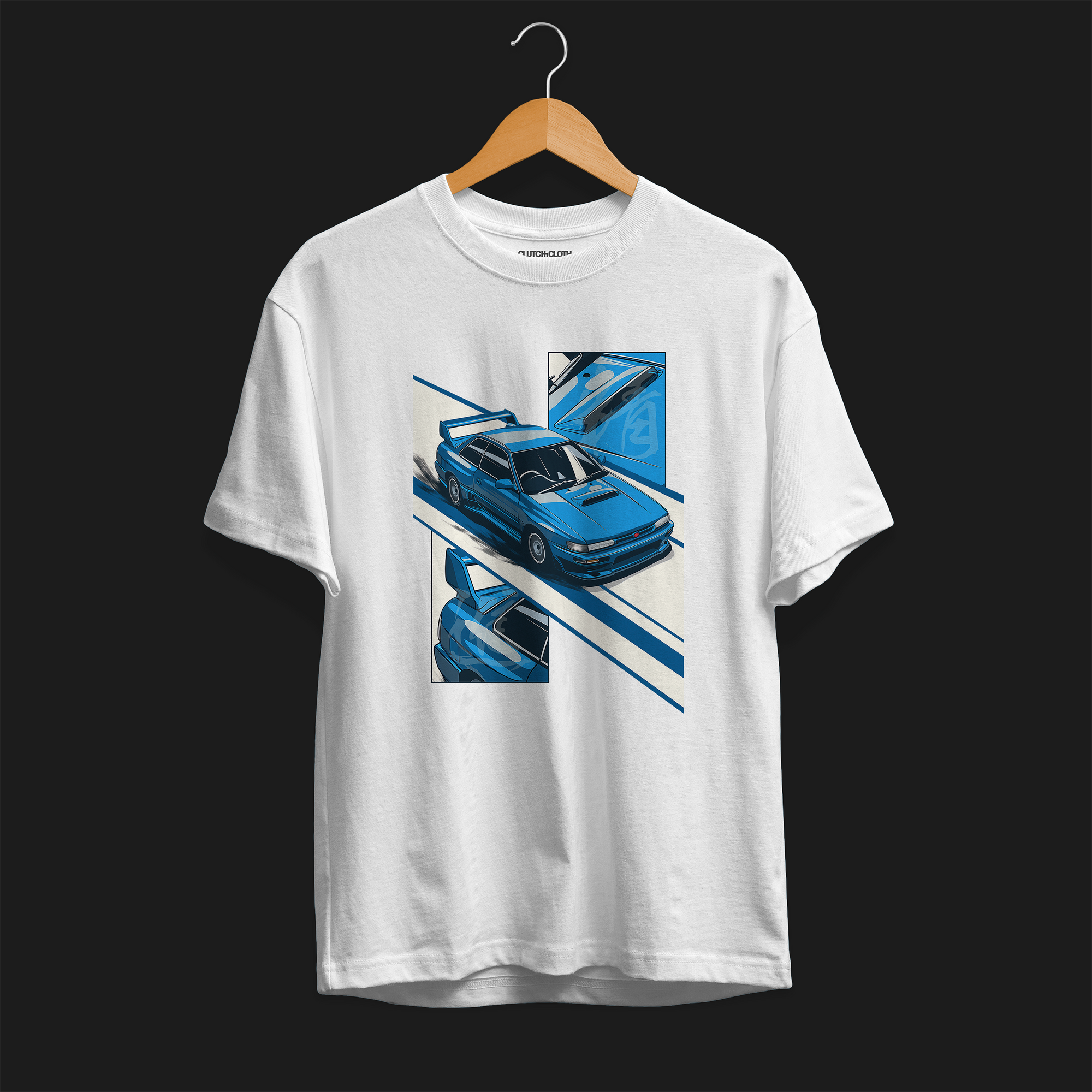 World Rally Pursuit of Excellence 22B Automotive Graphic T-Shirt – White unisex tee featuring a detailed blue Subaru 22B rally car graphic with racing-inspired elements. Ideal gift for Subaru fans and motorsport enthusiasts.