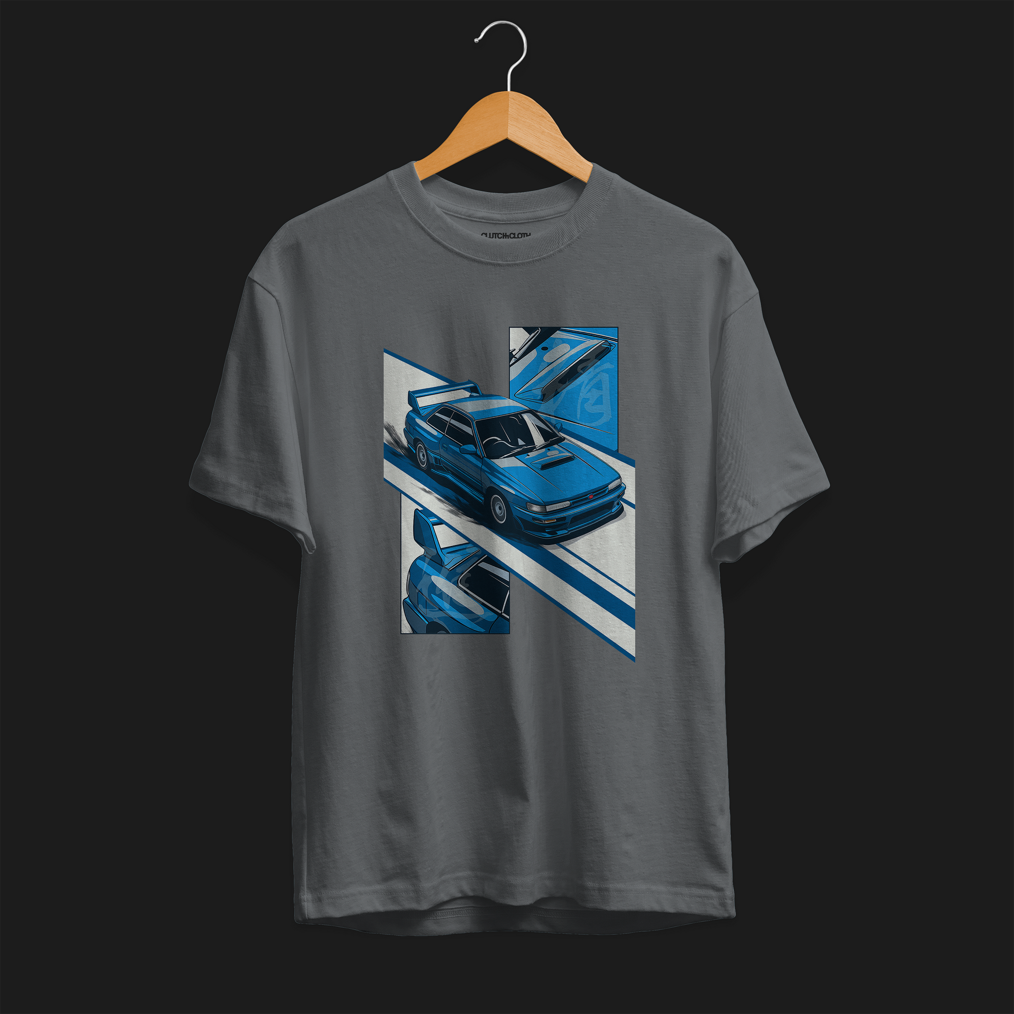 Front of World Rally Pursuit of Excellence 22B Automotive Graphic T-Shirt – Charcoal unisex tee featuring a detailed blue Subaru 22B rally car graphic with racing-inspired elements. Ideal gift for Subaru fans and motorsport enthusiasts.