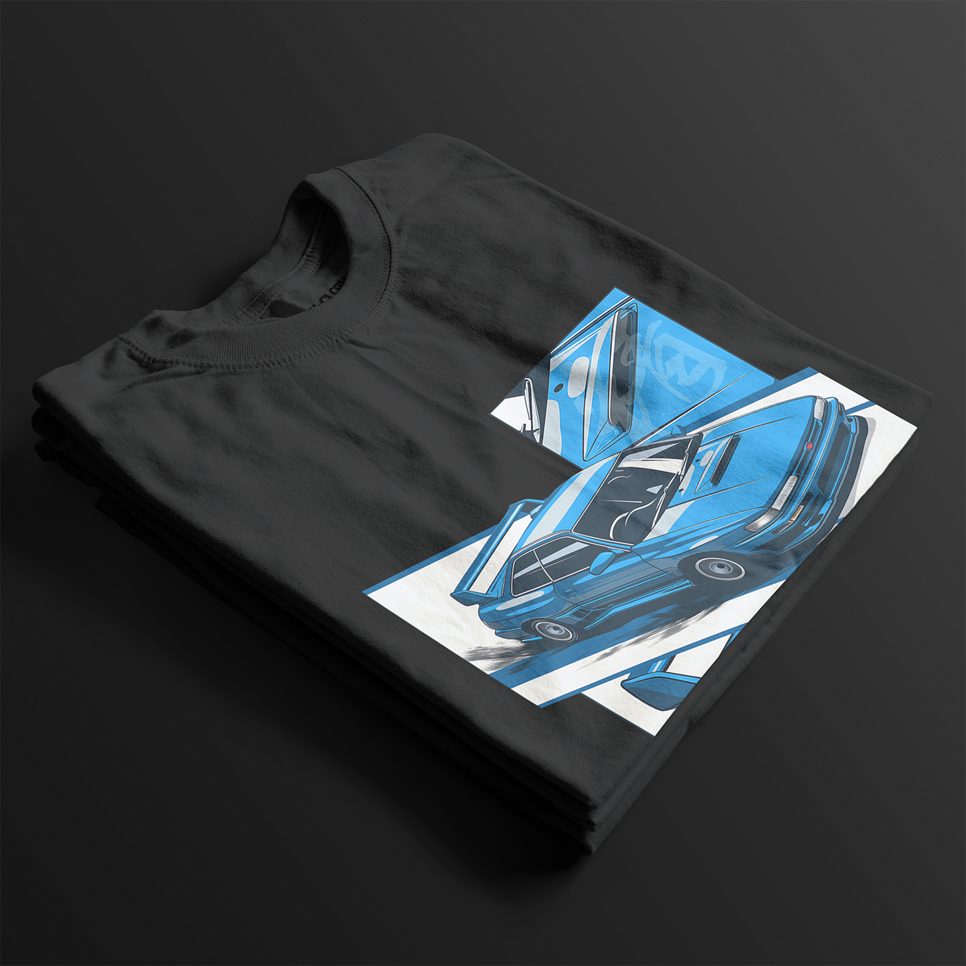 Folded World Rally Pursuit of Excellence 22B Automotive Graphic T-Shirt – Black unisex tee featuring a detailed blue Subaru 22B rally car graphic with racing-inspired elements. Ideal gift for Subaru fans and motorsport enthusiasts.