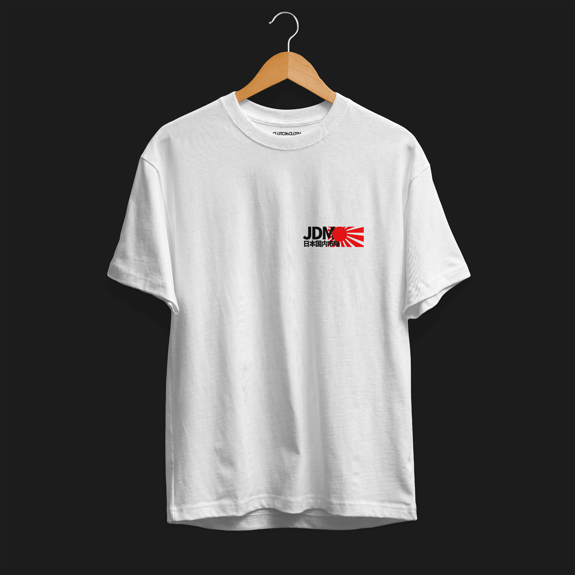 Front of White JDM Rising Sun Automotive Graphic T-Shirt with JDM text and a red rising sun graphic, unisex car culture gift