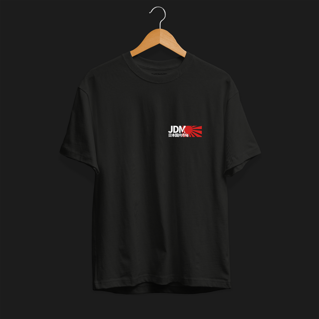 Front of Black JDM Rising Sun Automotive Graphic T-Shirt with JDM text and a red rising sun graphic, unisex car culture gift