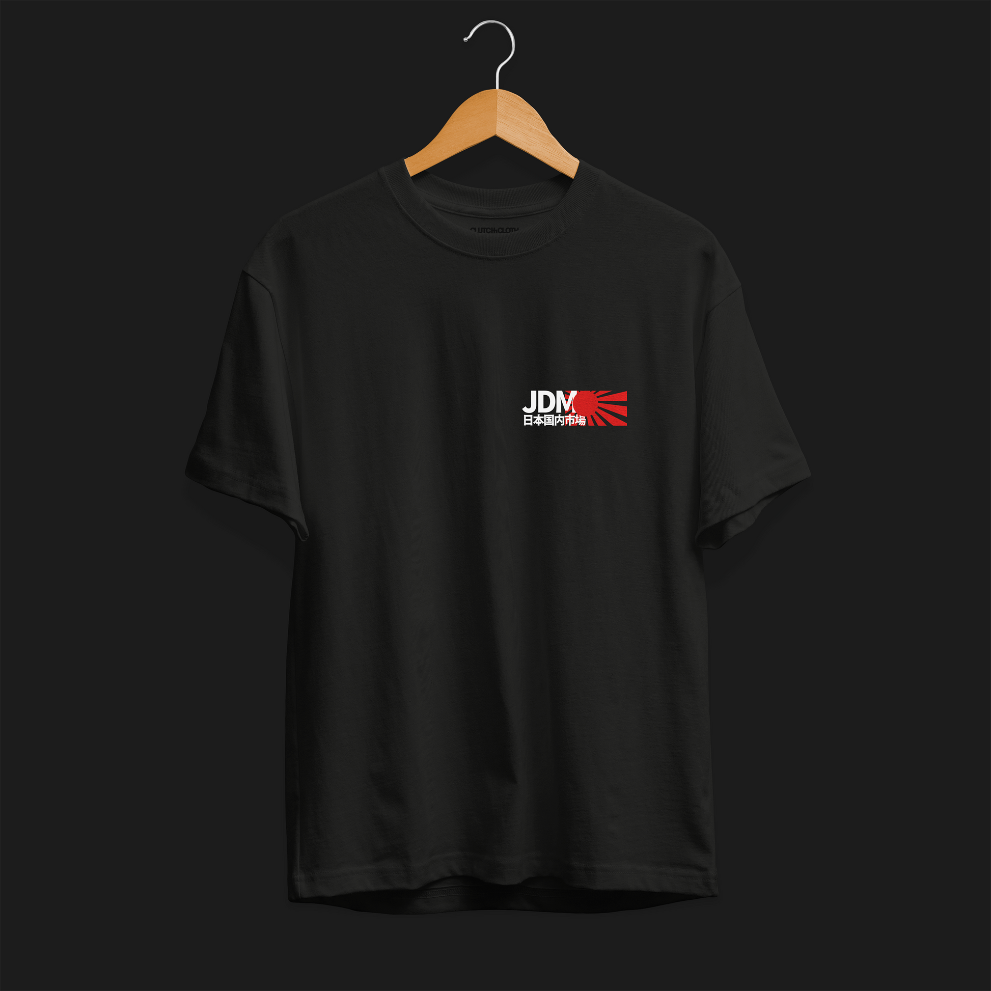 Front of Black JDM Rising Sun Automotive Graphic T-Shirt with JDM text and a red rising sun graphic, unisex car culture gift