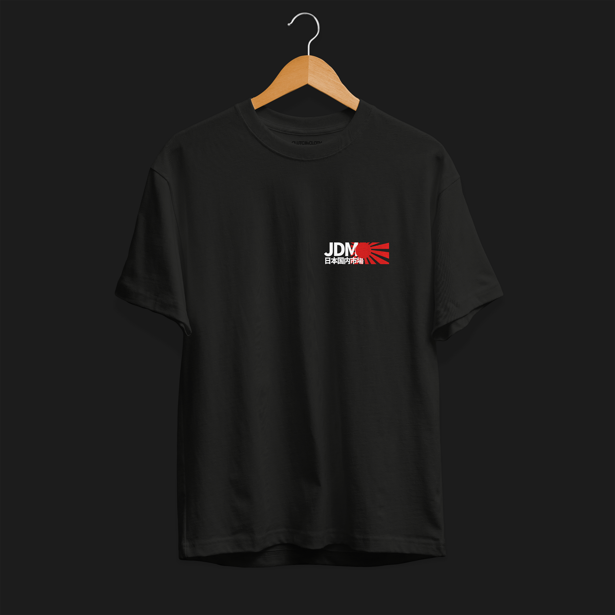 Front of Black JDM Rising Sun Automotive Graphic T-Shirt with JDM text and a red rising sun graphic, unisex car culture gift