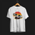 Front of Racing Sport Rally Sunset Automotive Graphic T-Shirt – White unisex tee featuring a rally car and a vintage car against a bold sunset background in shades of red, orange, and yellow. Ideal gift for car and motorsport enthusiasts.