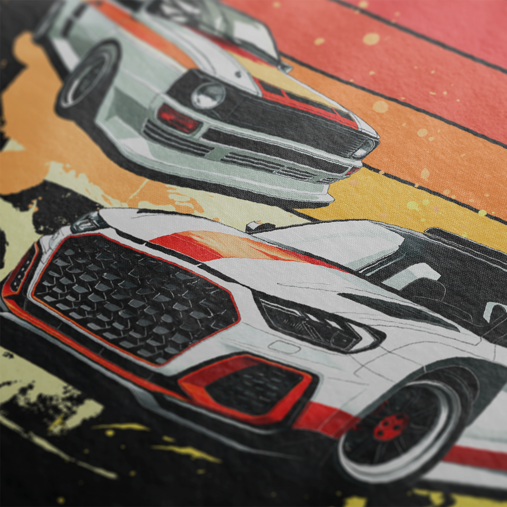Close up of Racing Sport Rally Sunset Automotive Graphic T-Shirt Design – unisex tee featuring a rally car and a vintage car against a bold sunset background in shades of red, orange, and yellow. Ideal gift for car and motorsport enthusiasts.