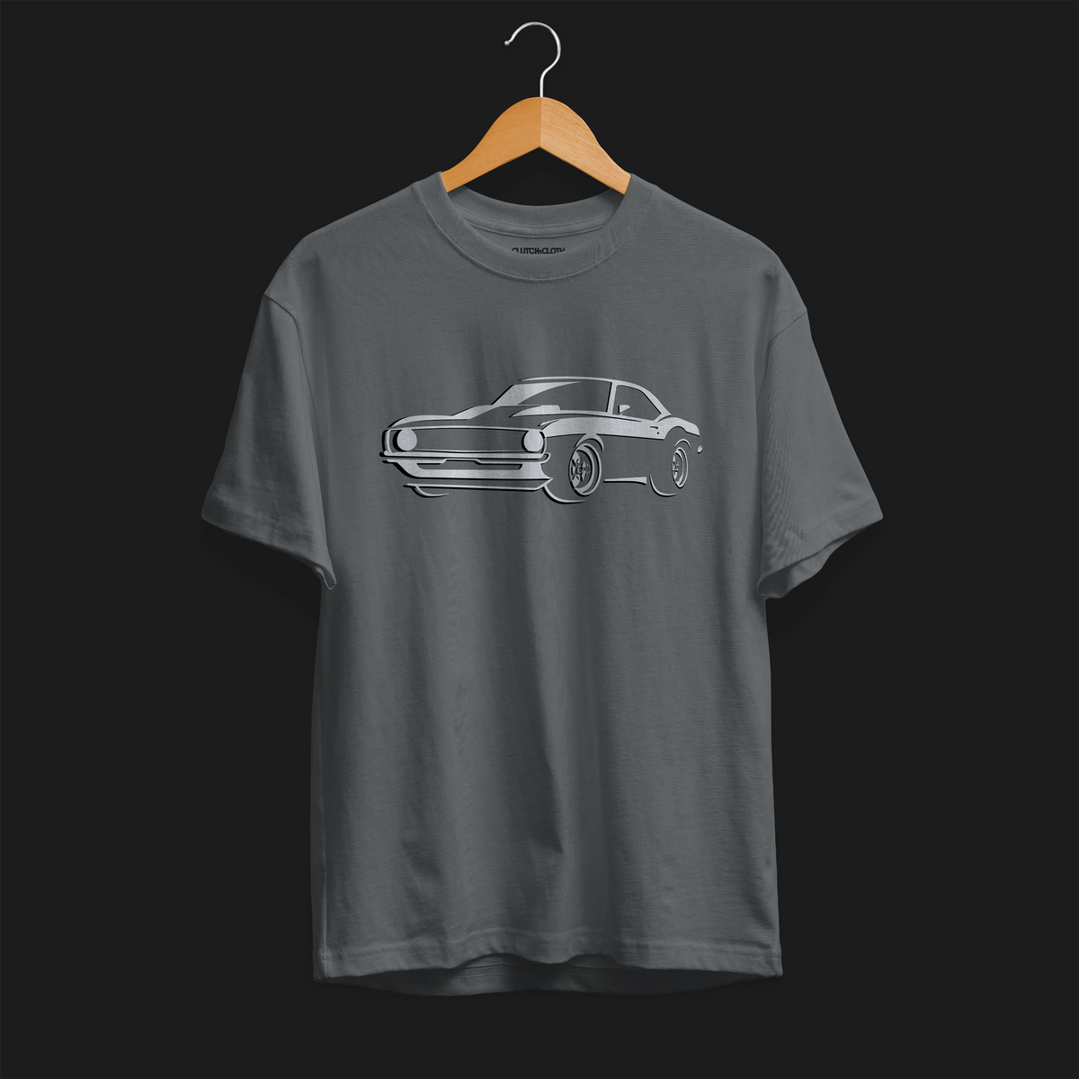 Front of Monster Classic SS V8 Automotive Graphic T-Shirt – Charcoal unisex tee featuring a sleek outline graphic of a classic SS V8 muscle car. A stylish gift for muscle car lovers and vintage car enthusiasts.
