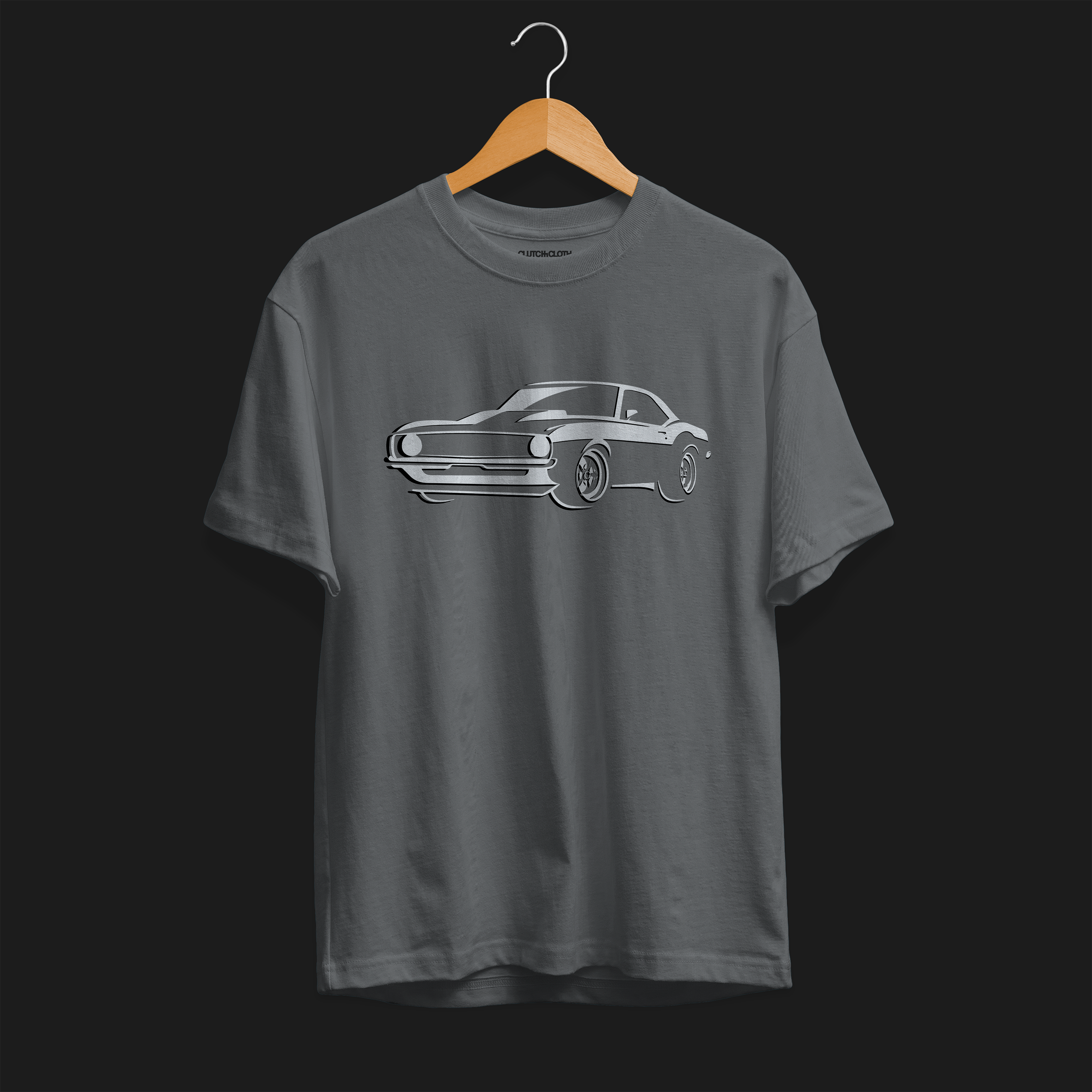 Front of Monster Classic SS V8 Automotive Graphic T-Shirt – Charcoal unisex tee featuring a sleek outline graphic of a classic SS V8 muscle car. A stylish gift for muscle car lovers and vintage car enthusiasts.
