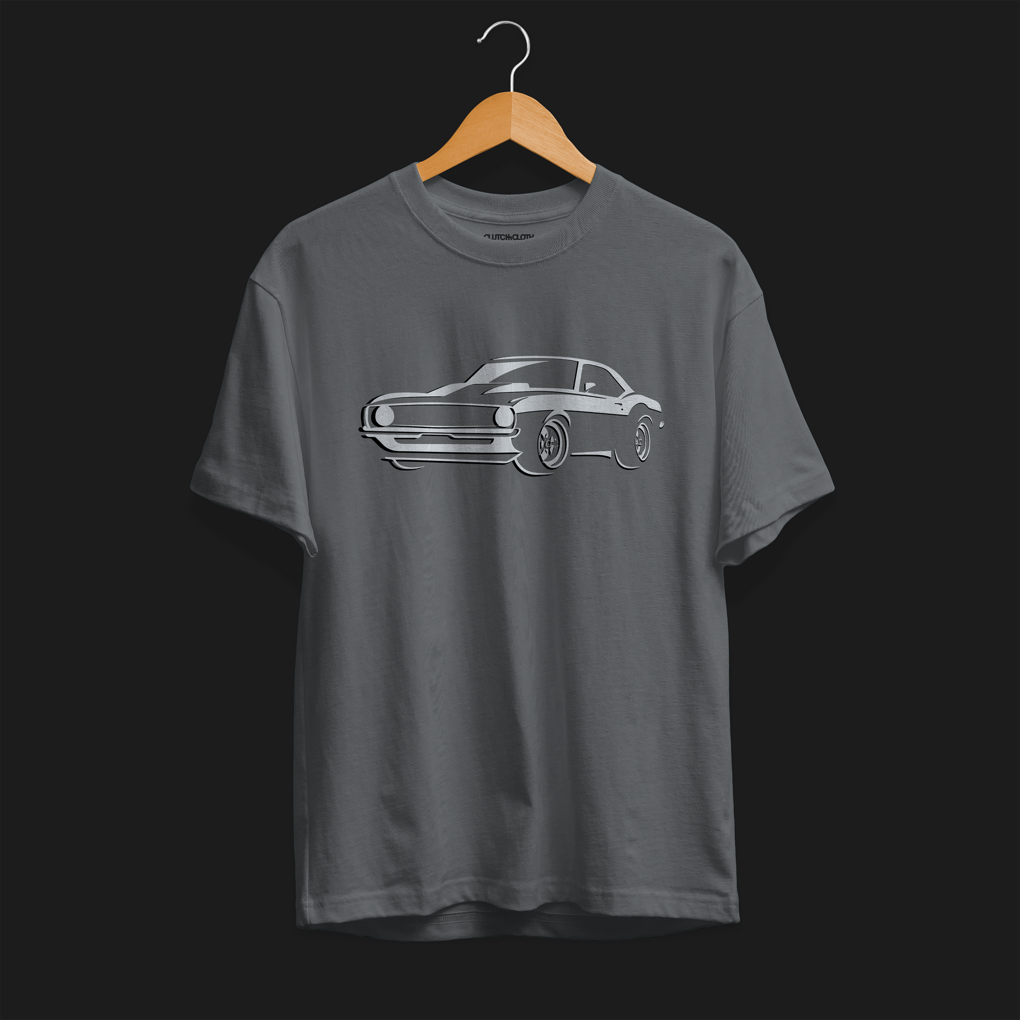 Front of Monster Classic SS V8 Automotive Graphic T-Shirt – Charcoal unisex tee featuring a sleek outline graphic of a classic SS V8 muscle car. A stylish gift for muscle car lovers and vintage car enthusiasts.