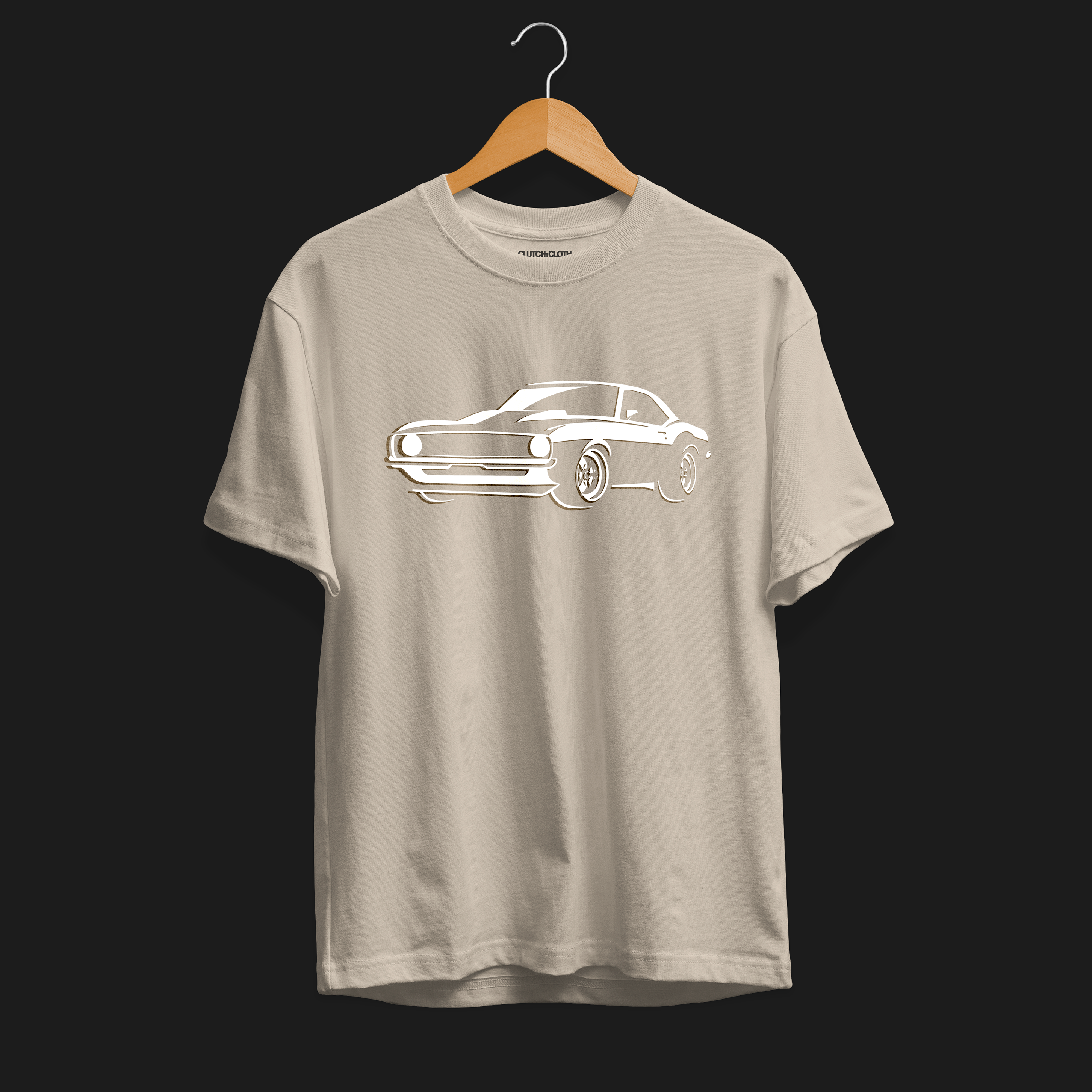 Front of Monster Classic SS V8 Automotive Graphic T-Shirt – Sand unisex tee featuring a sleek outline graphic of a classic SS V8 muscle car. A stylish gift for muscle car lovers and vintage car enthusiasts.