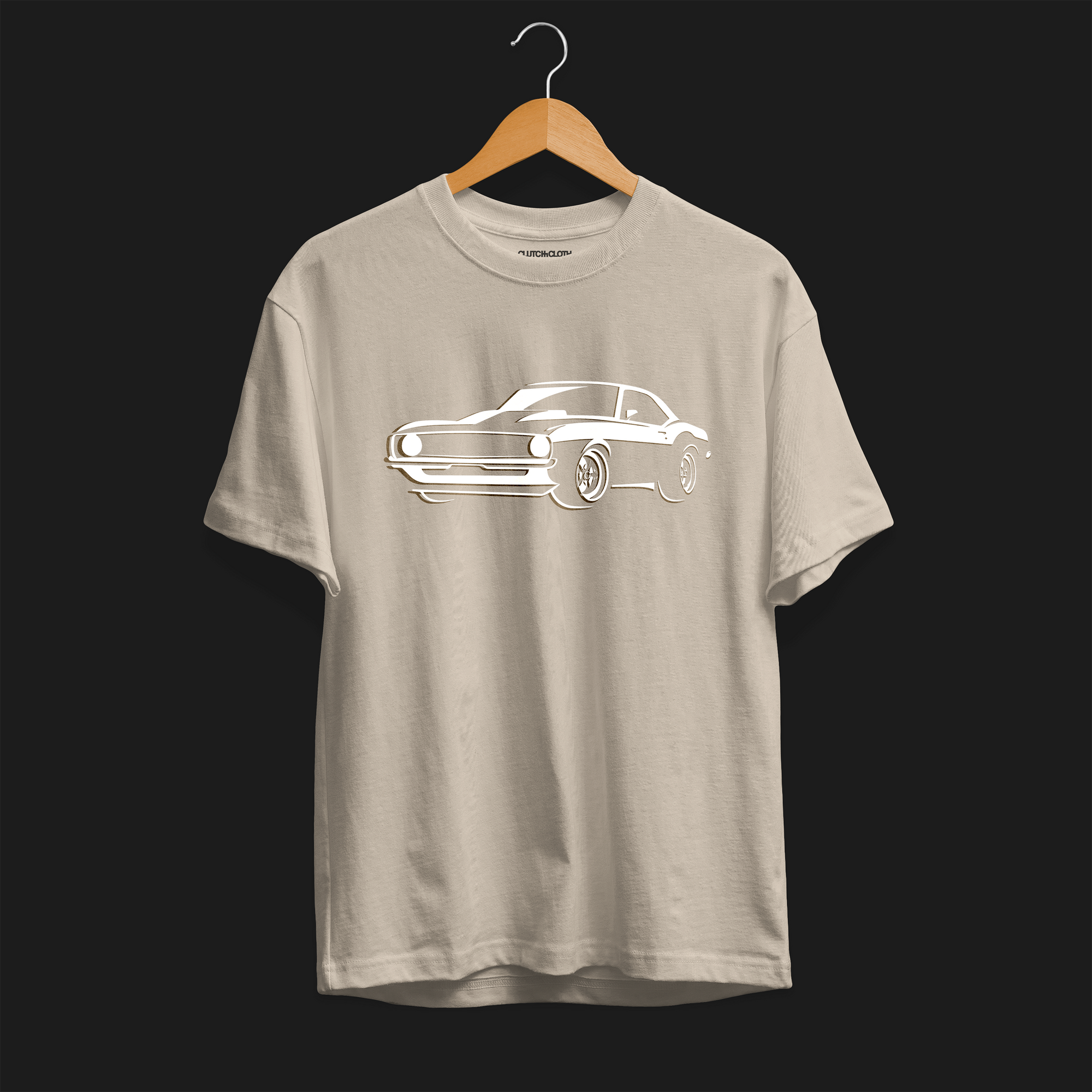 Front of Monster Classic SS V8 Automotive Graphic T-Shirt – Sand unisex tee featuring a sleek outline graphic of a classic SS V8 muscle car. A stylish gift for muscle car lovers and vintage car enthusiasts.