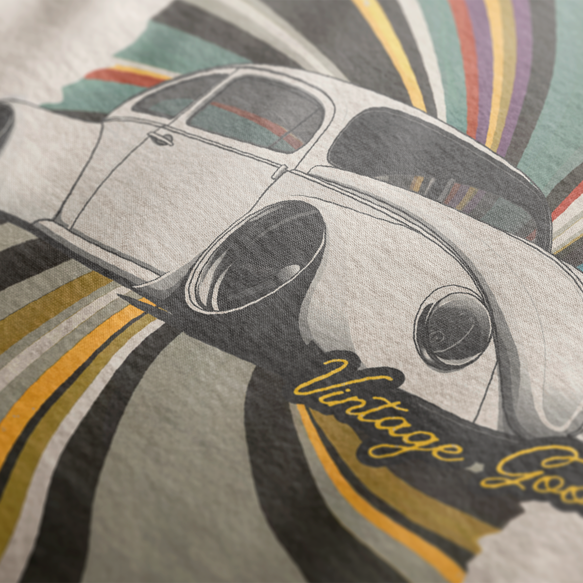Close up of Vintage Goods Bug Automotive Graphic Crewneck Design – Beige unisex sweater featuring a classic Volkswagen Beetle with a colorful retro swirl background. Ideal for vintage car enthusiasts and retro style lovers.