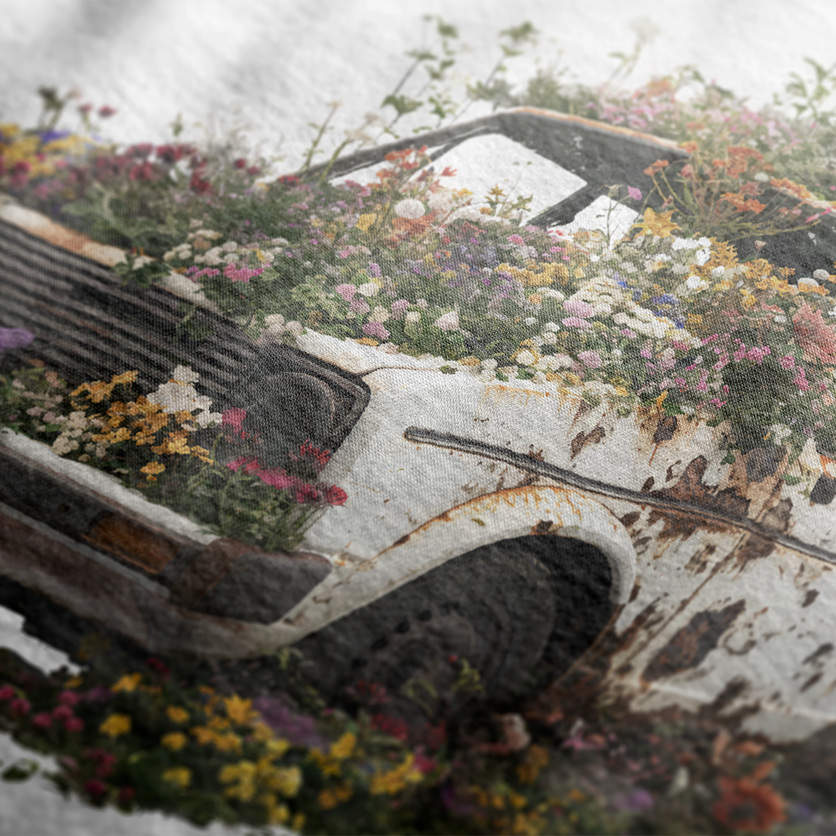 Close up of design for Volks Retro Life Automotive Graphic T-Shirt – White unisex tee featuring a vintage rusted car overgrown with flowers. A unique gift for car enthusiasts and retro automotive lovers.