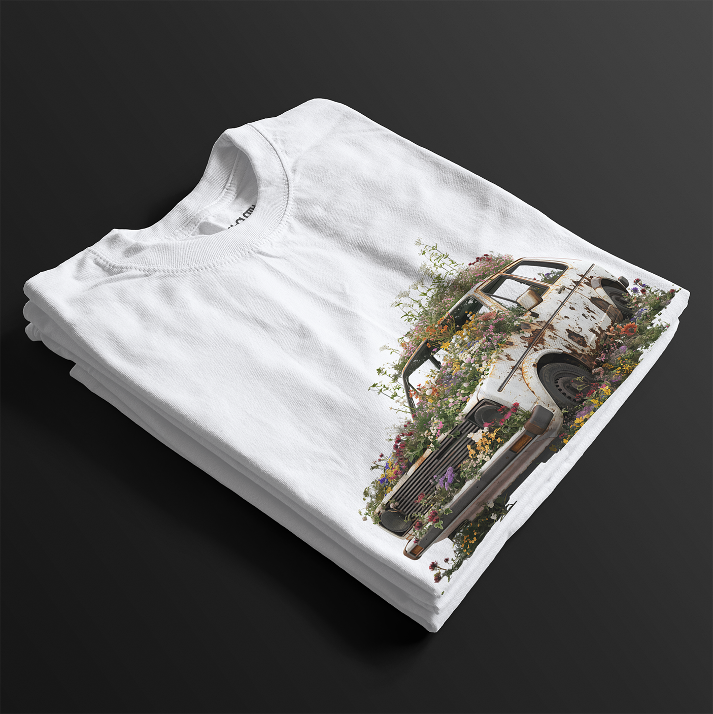 Folded Volks Retro Life Automotive Graphic T-Shirt – White unisex tee featuring a vintage rusted car overgrown with flowers. A unique gift for car enthusiasts and retro automotive lovers.