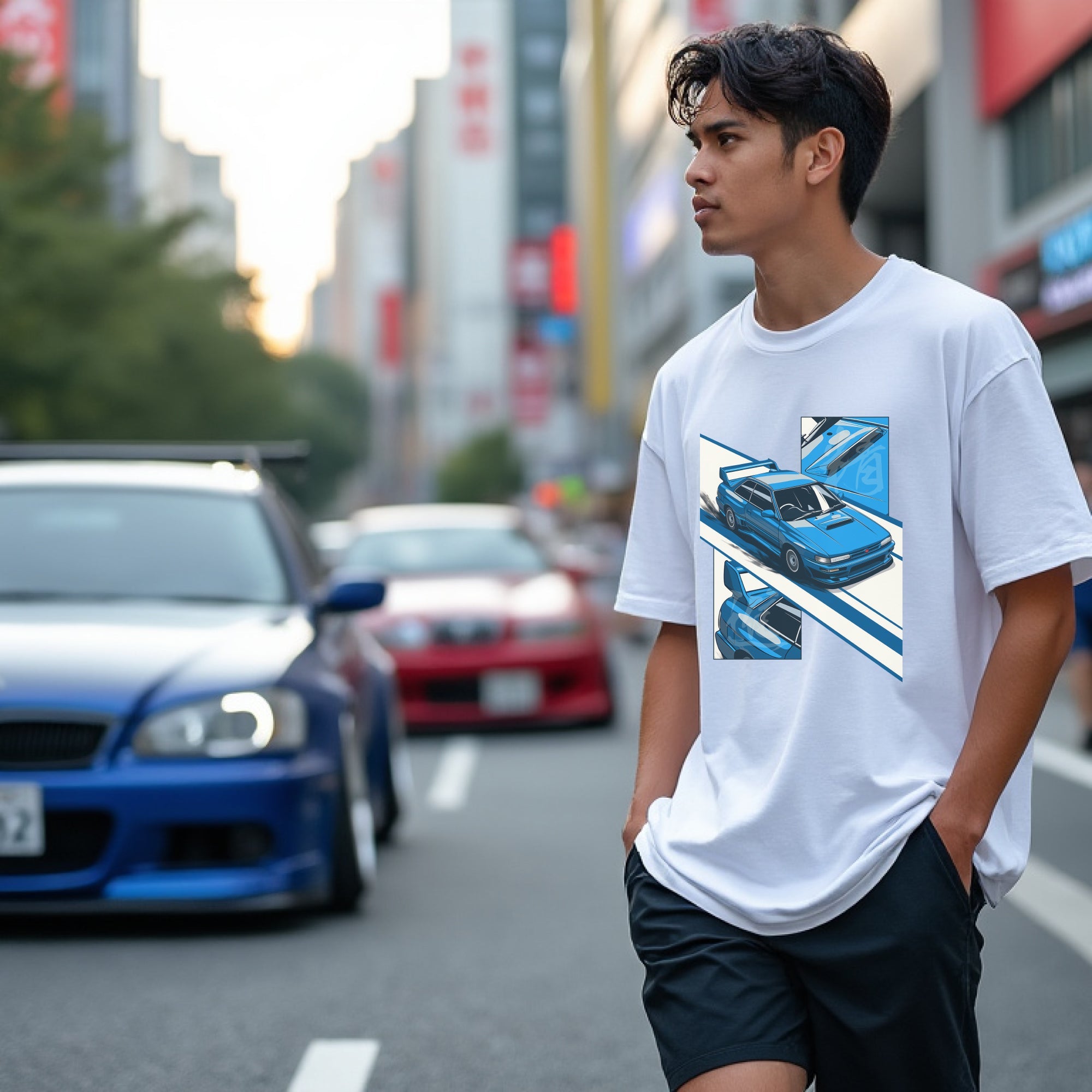 Man wearing World Rally Pursuit of Excellence 22B Automotive Graphic T-Shirt – White unisex tee featuring a detailed blue Subaru 22B rally car graphic with racing-inspired elements. Ideal gift for Subaru fans and motorsport enthusiasts.