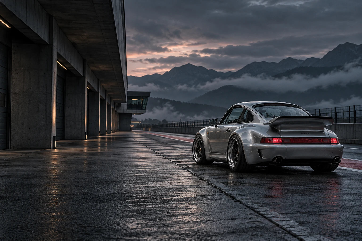 Silver widebody sports coupe parked at a mountain pit lane at dusk